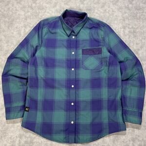 Flylow 0760 Reversible Insulated Flannel Jacket Mens L Blue Green Plaid Quilted
